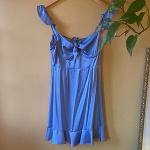 Astr Blue Satin Ruffle Bodice Dress M
